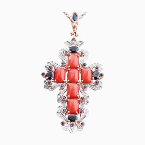 Rose Gold and Silver Cross Pendant in Coral with Diamonds and Sapphires, 1950s