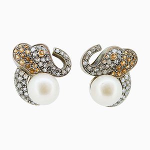 Boucles d'Oreilles en Or Rose 18 Kt et Argent avec Perles et Diamants, 1960s