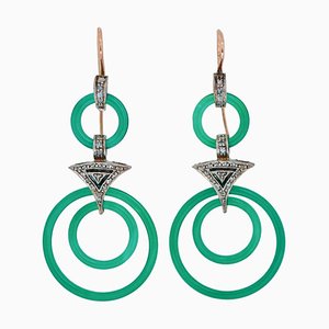 Boucles d'Oreilles Pendantes en Or Rose et Argent avec Agate Verte et Diamants, 1970s