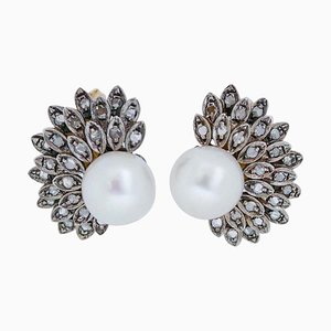 Boucles d'Oreilles en Or Rose 18 Carats et Argent avec Perles et Diamants, 1960s