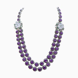 Gold and Silver Necklace with Amethysts and Diamonds, 1970s