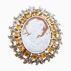 Rose Gold and Silver Brooch with Topazs and Rubies, 1960s