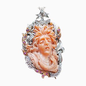 Rose Gold and Silver Brooch with Coral and Rubies, 1950s