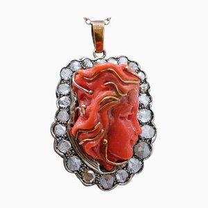 14 Karat Rose Gold and Silver Pendant with Coral and Diamonds, 1950s