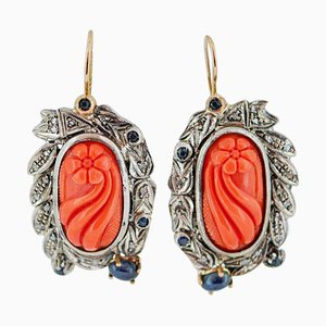 14 Karat Rose Gold and Silver Earrings with Coral and Sapphires, 1950s, Set of 2