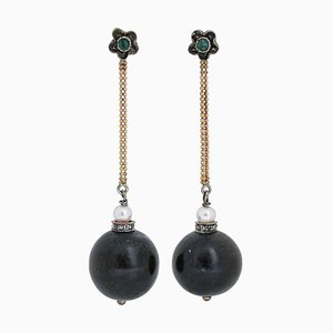 14 Karat Rose Gold and Silver Earrings with Ebony and Emeralds, 1950s, Set of 2