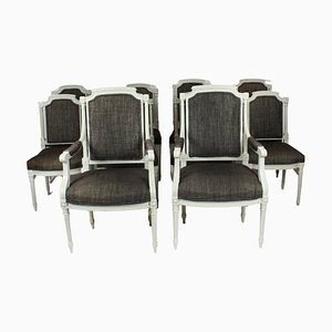 Vintage Louis XVI Revival Blue Grey Painted Dining Chairs, 1950s, Set of 10