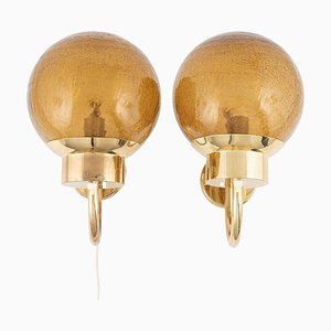 Wall Lights in Brass & Amber Glass from Bergboms, Sweden, 1960s, Set of 2