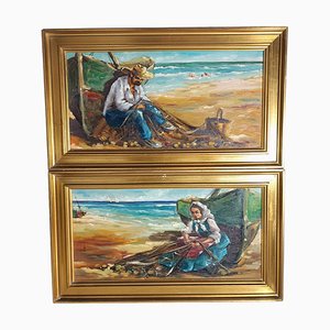 Paisajes marinos con pescadores, años 20, pinturas al óleo sobre lienzo, enmarcado, Juego de 2