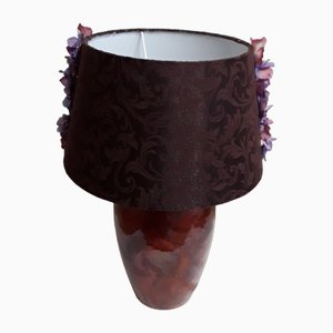 Lampada da tavolo vintage con base in ceramica marrone e paralume in tessuto marrone e nero con fiori colorati, anni '80