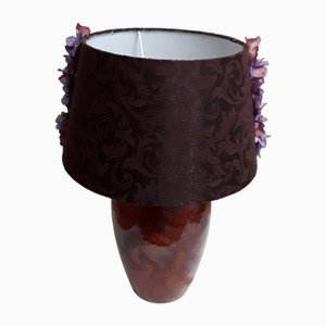 Lampe de Bureau Vintage avec Pied en Céramique à Motifs Marron et Abat-Jour en Tissu Noir-Marron avec Bordures de Fleurs Colorées, 1980s