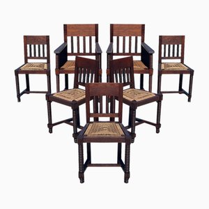 Turned Oak and Rope Dining Chairs and Armchairs, 1940s, Set of 7