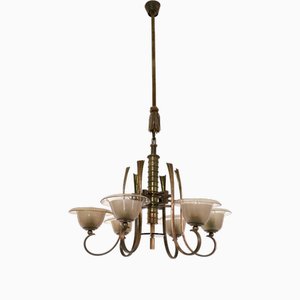 Vintage Six-Arm Brass and Blown Glass Chandelier attributed to Paolo Buffa, 1930s
