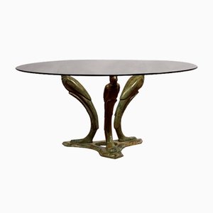 Mesa de centro Hollywood Regency vintage de metal con forma de pavo real y vidrio, Alemania, años 70