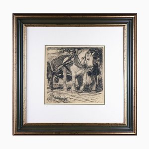 Julius Paul Junghanns, Draft Horse with Cart, 1920s, Charcoal, Framed