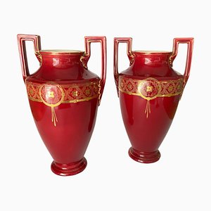 Vase Urnes en Cobalt Rouge avec Poignées en Céramique et Décorations Dorées, Set de 2