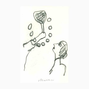 Mino Maccari, Aprendiendo tenis, Dibujo al carboncillo, Mediados del siglo XX