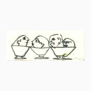 Mino Maccari, Cups/Couples, Charcoal Drawing, Mid-20th Century