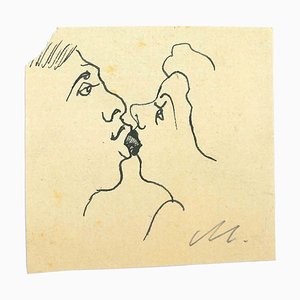 Mino Maccari, The Kiss, Ink Drawing, Mid-20th Century