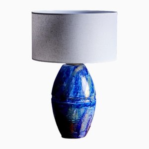 Lámpara de mesa enorme de cerámica azul, Francia, años 60