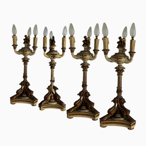 Bougeoirs Style Empire Antique en Bois Laqué et Doré, 1890, Set de 4