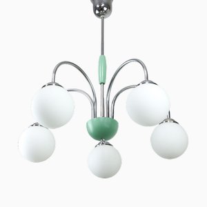 Lustre Mid-Century en Chrome et Opaline, Italie