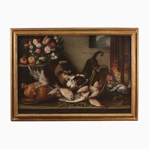 Artista italiano, Natura morta con animali, fiori e frutta, 1760, Olio su tela, con cornice