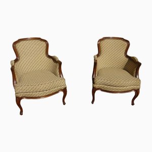 Louis XV Bergers Armchairs in Walnut and Fabrics, 1920s, Set of 2