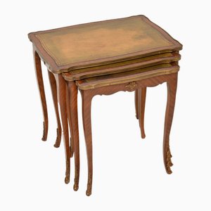 Tables Gigognes Antiques avec Plateau en Cuir, France, 1920s, Set de 3