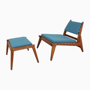 German Lounge Chair with Ottoman in Oak by PGH Erzgebirge, 1960s, Set of 2