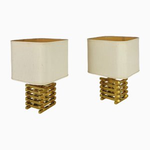 Italian Table Lamps in Brass and Fabric, 1970s, Set of 2