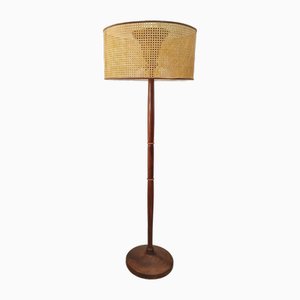 Wood Floor Lamp with Vienna Straw Lampshade, Italy, 1950s