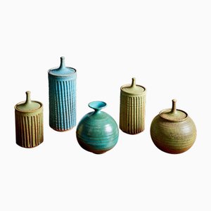 Ceramic Vessels with Lid and Vase in Green by Tom McMillin, USA, 1960s, Set of 5