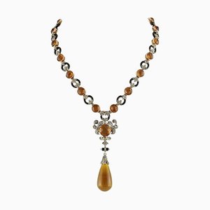 Rose Gold and Silver Necklace with Topaz, Onyx, Emerald & Diamond