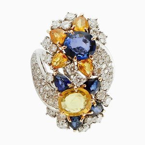 14 Karat Weißgold Blumenring mit Diamanten, Gelben & Blauen Saphiren