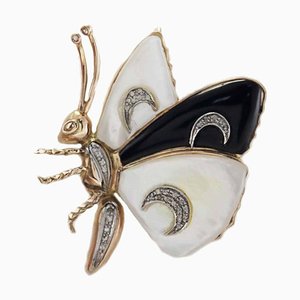 Gold Butterfly Brooch with White Stones, Black Agate & Diamond