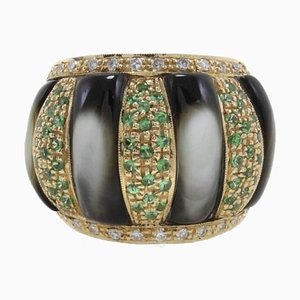 Dome Gold Ring with Diamonds, Tsavorite & Grey Stones