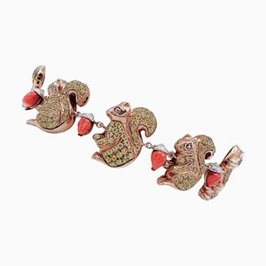 9 Karat Rose Gold and Silver Squirrel Bracelet with Coral & Diamonds