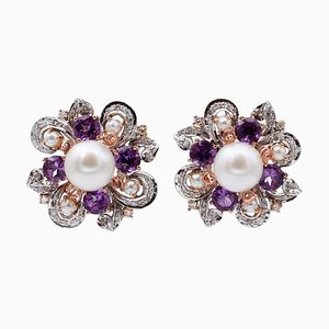 White Pearls,diamonds, Amethysts, 14 Kt White and Rose Gold Earrings, Set of 2