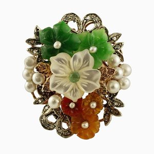 Diamonds Carnelian Agate White Stones Emerald Rose Gold and Silver Ring