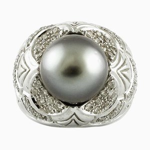 Anillo de oro blanco de 14 kt, perla gris, diamantes