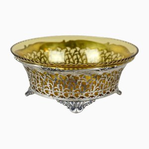 20th Century Art Nouveau Silver Basket with Amber Colored Glass Bowl, 1900s