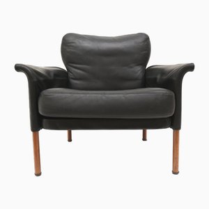 Danish Black Leather Armchair by Hans Olsen, 1960s
