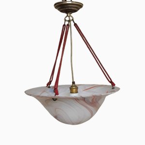 Mid-Century German Ceiling Lamp with Red Patterned Glass Bowl, 1950s