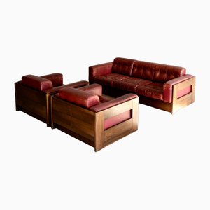 Gruppo di sedie cubiche in pelle rossa, Finlandia, anni '70, set di 3