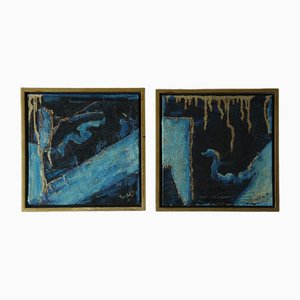 Roald Ditmer, Composition Abstraite, Diptyque Huile sur Toile, 1980s, Encadré, Set de 2