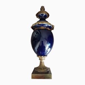 Lámpara de mesa de porcelana azul y bronce
