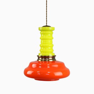 Mid-Century Eclectic Neon Glass and Brass Pendant Lamp