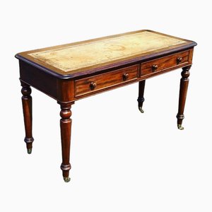 Victorian Mahogany Desk with Brass Castors, Tan Leather & Gold Tooled Top