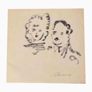 Mino Maccari, Le Couple, Aquarelle sur Papier, Milieu du 20e Siècle